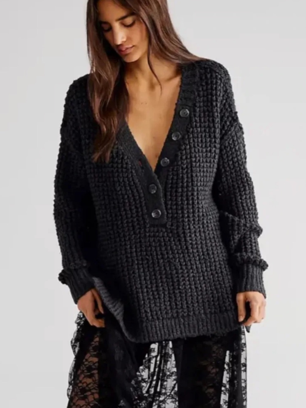 Free People Whistle Thermal Henley Sweater Small Charcoal Cotton Wool Waffle